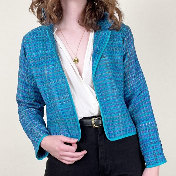 Vintage 100% Silk Woven Blazer Jacket Coat Cropped Open Boho Fairycore Whimsical - Picture 1 of 7